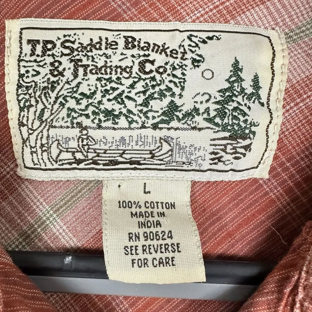 TP Saddle Blanket Trading Co Snap Shirt Men L Plaid Western Ranch Pockets Cotton